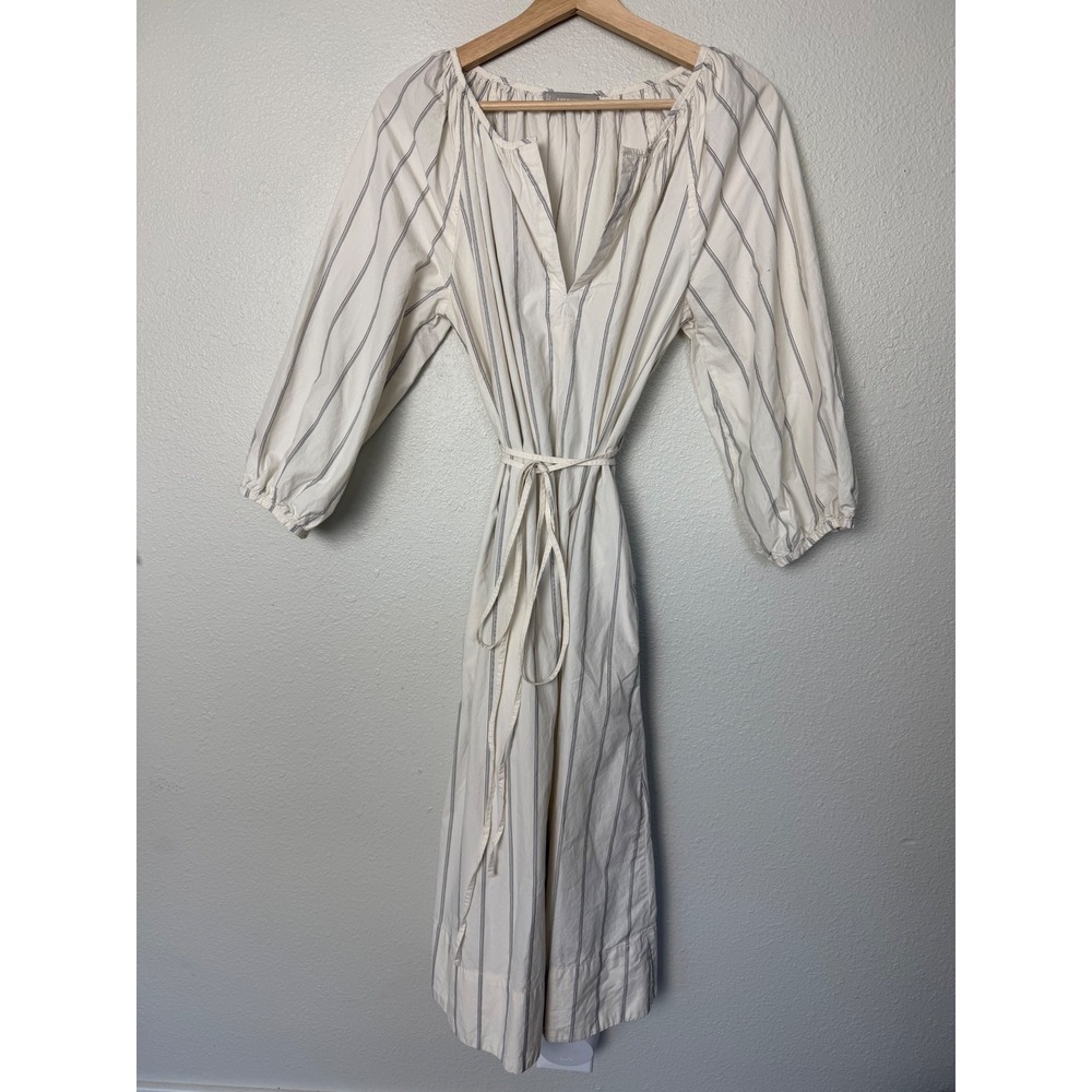 Everlane Poplin Gathered Striped Midi‎ Dress Small Bone White Cotton Tie Waist